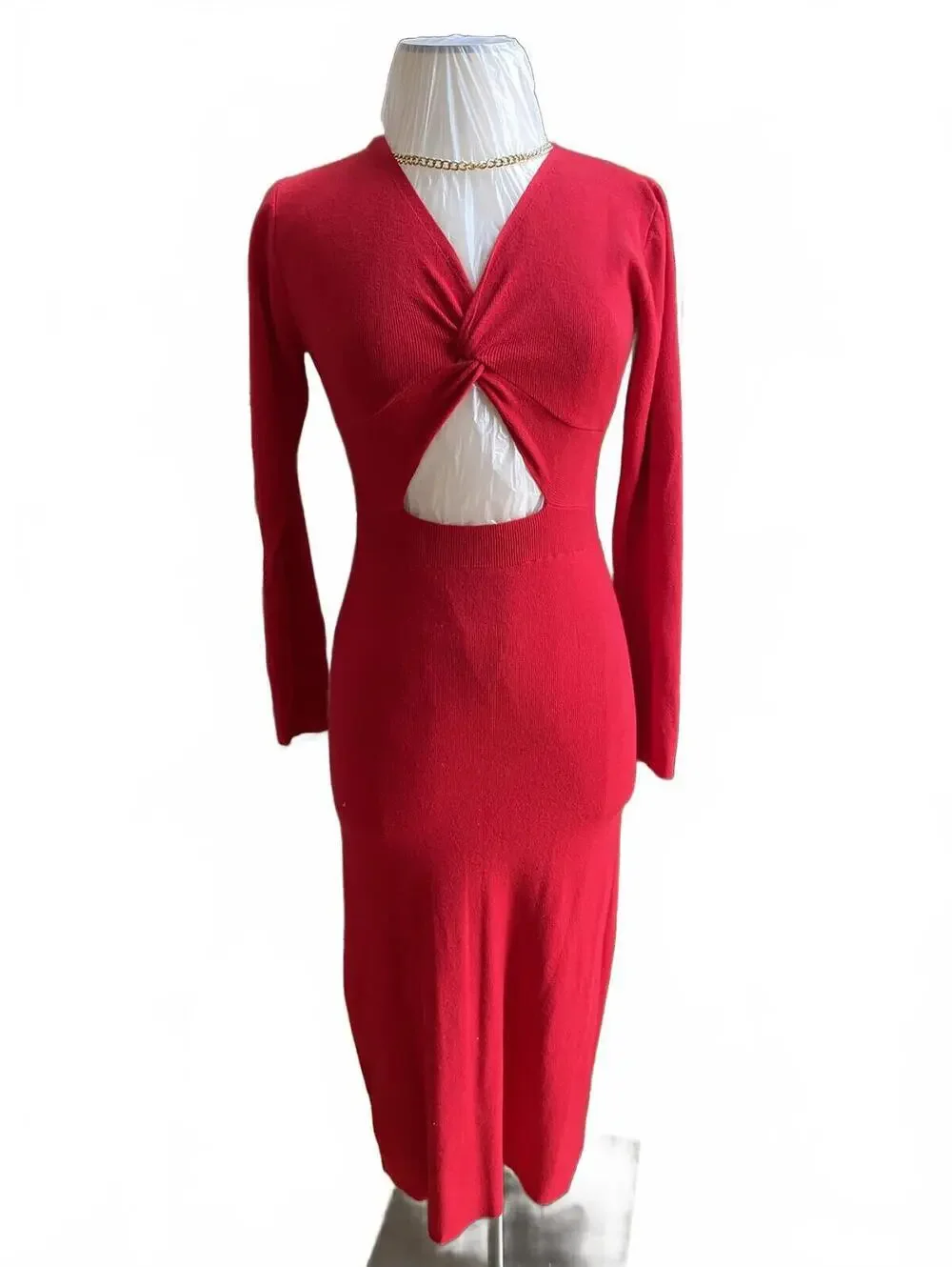 Red Long Sleeve Cutout Midi Dress Medium